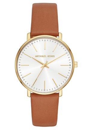 Montre Michael Kors avec boîtier en or, cadran blanc, index dorés et bracelet en cuir marron affichant l'heure 10:09:36.
