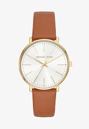 Montre Michael Kors avec boîtier en or, cadran blanc, index dorés et bracelet en cuir marron affichant l'heure 10:09:36.