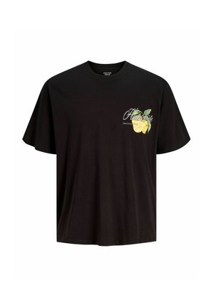 T-shirt noir à manches courtes avec petit motif citron et texte "Fruits Diet Delicious" sur la poitrine gauche.