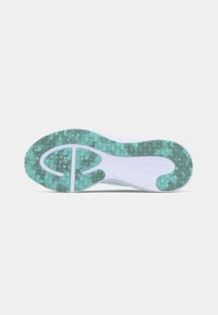 Schoenzool met een gestructureerd, mintgroen rubber met kleine vierkante patronen. Stevige witte tussenzool met een flexibele vormgeving en gladde rondingen.