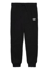 Pantaloni della tuta neri in cotone, con vita elastica e cordino, orli aderenti alle caviglie e logo Umbro bianco sulla coscia sinistra.