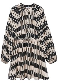 Vestido estampado en negro y crema con escote redondo, botones en la parte delantera, cintura elástica y mangas abullonadas, que presenta un diseño a rayas y una textura suave.