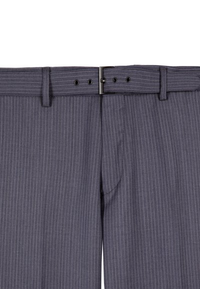 Dunkelgraue, taillierte Hose mit feinen vertikalen weißen Streifen, ausgestattet mit einem Bund mit Gürtelschlaufen und einem Metalverschluss.