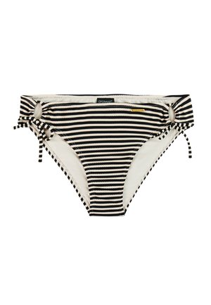 Zwart-beige bikinibroekje met horizontale strepen, zijkanten met uitsparingen en verstelbare knopen aan beide heupen, merklabel in het midden aan de voorkant.