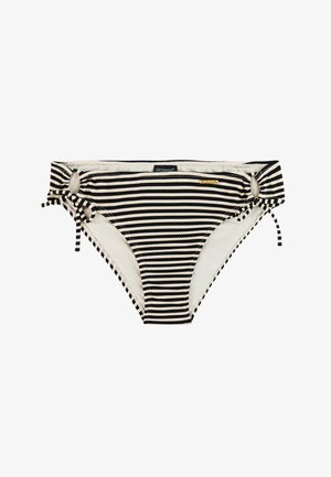 Bas de bikini à rayures horizontales noires et beiges avec découpes latérales et nœuds ajustables sur les deux hanches, étiquette de marque au centre avant.