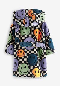 Fleece-Bademantel mit Kapuze, der ein multicoloured Smiley-Gesichtsmuster auf einem schwarz-weißen Schachbrett-Hintergrund zeigt. Inklusive passendem Gürtel.