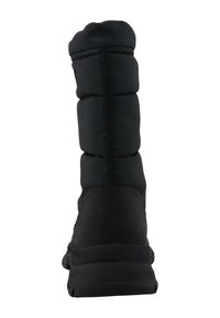 Bottes noires avec tige rembourrée, présentant une texture lisse et une semelle en caoutchouc. La vue arrière met en avant la hauteur et la forme arrondie de la tige.
