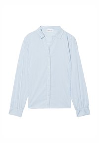Chemise bleu clair à boutons avec des rayures verticales blanches, col classique, manches longues et coupe décontractée. Texture de tissu lisse.