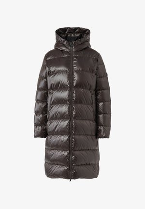 Brauner Steppmantel mit glänzendem Finish, ausgestattet mit Kapuze, Reißverschluss und gesteppter Optik. Lange Ärmel und knieumspielende Länge.