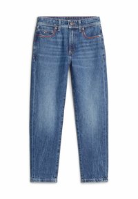 Jeans in denim blu con vestibilità dritta, caratterizzati da una leggera scoloritura, cuciture a contrasto, design a cinque tasche e chiusura con bottone.