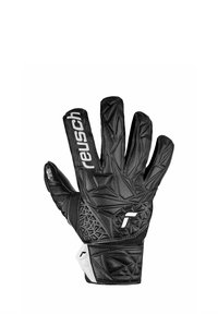 Black goalkeeper gloves with textured grip, angular patterns, and a reinforced wrist strap. Features white logo detailing on the back.