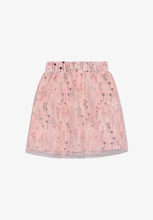 Rosa Blumen-Tüllrock mit gemustertem elastischem Bund. Verfügt über ein Schichtdesign mit verstreuten kleinen Blumenmotiven.