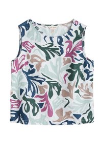 Top senza maniche con sfondo bianco e una stampa botanica colorata in verde, blu navy, rosa e beige. Realizzato in tessuto leggero.