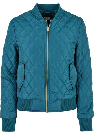 Chaqueta bomber acolchada en verde azulado con cremallera dorada, cuello y puños de canalé, con bolsillos laterales y una textura suave y mate.