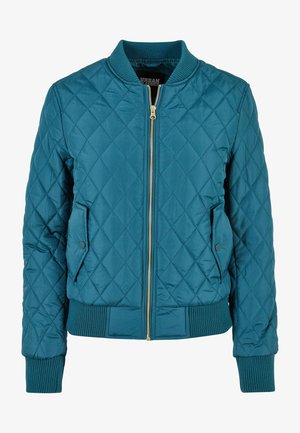 Teal, vadderad bomberjacka med gulddragkedja, ribbad krage och mudd, med sidofickor och en slät, matt textur.