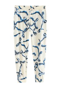 Pantalon blanc avec motifs abstraits bleus, doté d'une coupe décontractée, d'une taille élastique et de bas de jambe élastiqués. Confectionné dans un tissu léger et lisse.