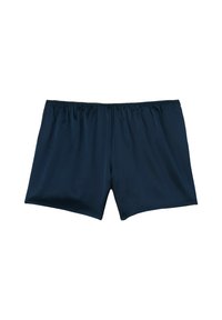 Marinblå shorts gjorda av mjukt tyg, med resårmidja och en enkel, odekorerad design.