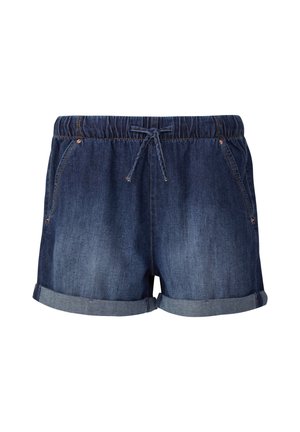 Denim shorts met een elastische tailleband en een verstelbaar koord. Donkerblauwe kleur, opgerolde zoom en twee voorzakken.