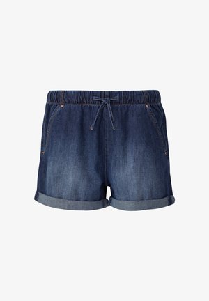 Denim shorts met een elastische tailleband en een verstelbaar koord. Donkerblauwe kleur, opgerolde zoom en twee voorzakken.