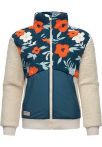 Veste en polaire à motif floral bleu et orange, manches crème et corps teal. Présente un col montant et une fermeture éclair à l'avant, texture douce.
