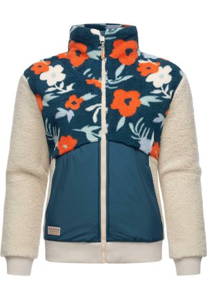 Veste en polaire à motif floral bleu et orange, manches crème et corps teal. Présente un col montant et une fermeture éclair à l'avant, texture douce.