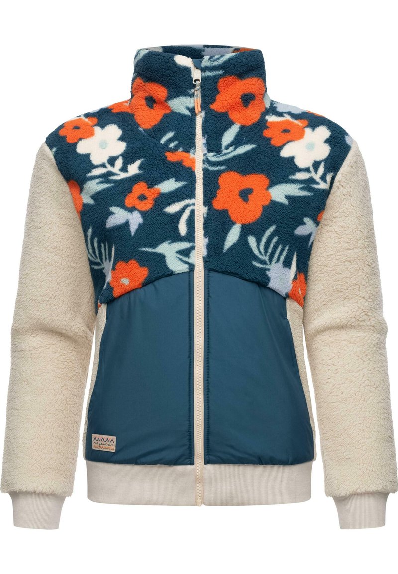 Veste en polaire à motif floral bleu et orange, manches crème et corps teal. Présente un col montant et une fermeture éclair à l'avant, texture douce.