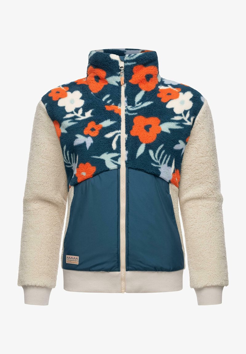Fleece jacket with floral pattern in blue and orange, cream sleeves, and teal body. Features a high collar and front zipper, soft texture.