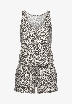 Leopardmönstrad ärmlös jumpsuit i vitt, brunt och svart. Har en lös passform, dragsko i midjan och mjuk tygtextur.