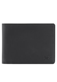 Portafoglio nero in pelle a due ante con logo animale in rilievo sottile nell'angolo in basso a destra, cuciture pulite lungo i bordi.