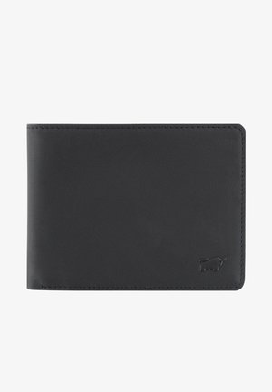 Portafoglio nero in pelle a due ante con logo animale in rilievo sottile nell'angolo in basso a destra, cuciture pulite lungo i bordi.