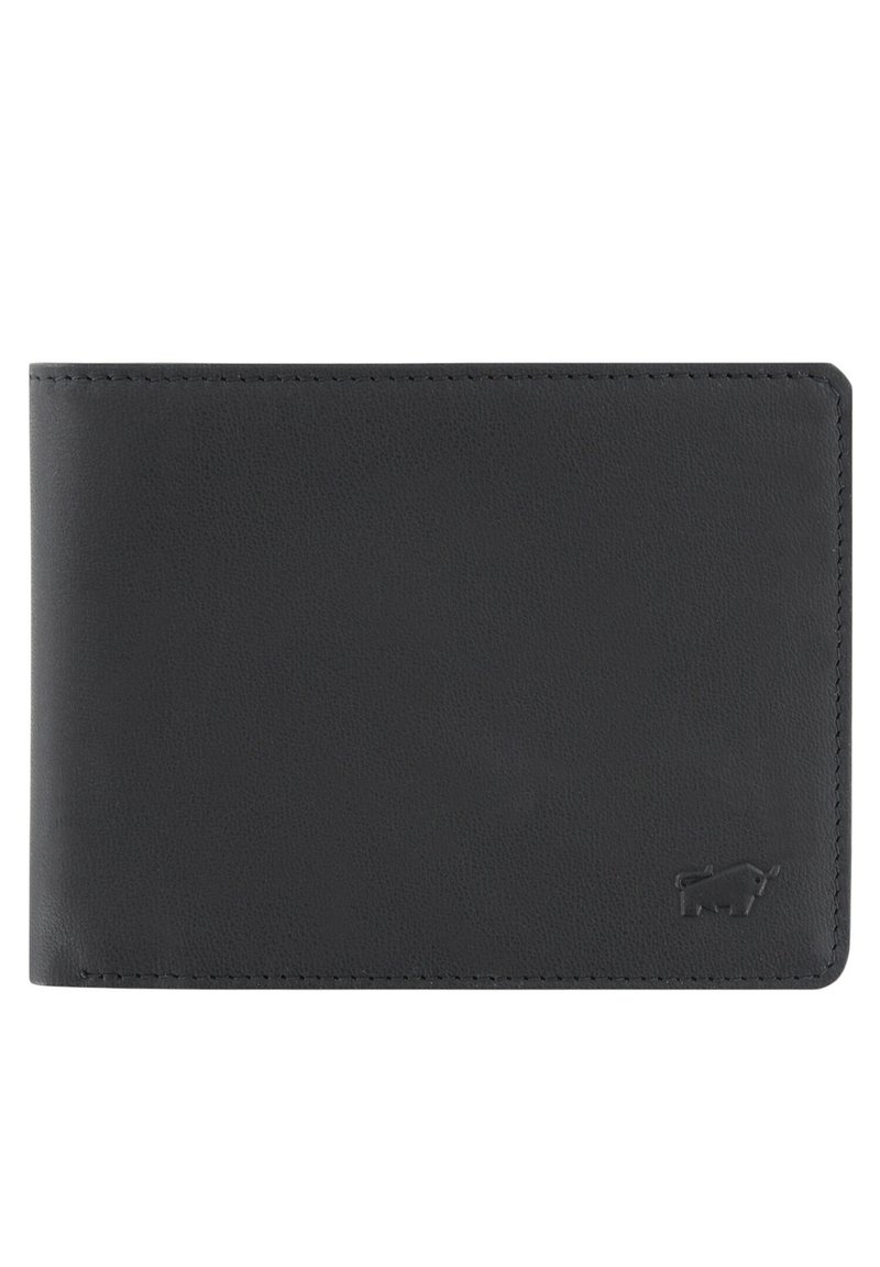 Portafoglio nero in pelle a due ante con logo animale in rilievo sottile nell'angolo in basso a destra, cuciture pulite lungo i bordi.