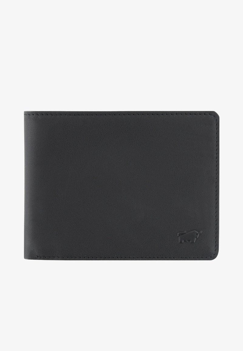 Portafoglio nero in pelle a due ante con logo animale in rilievo sottile nell'angolo in basso a destra, cuciture pulite lungo i bordi.