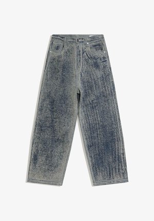 Džínsy s širokými nohavicami a vysokým pásom, zapínané na gombíky, s prednými a mincovými vreckami, v bledomodrom vyblednutom a štruktúrovanom prevedení.