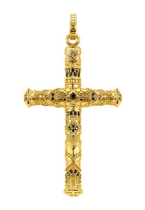 Goldener Kreuzanhänger mit filigranen Gravuren und kleinen schwarzen Edelsteinen, die entlang der vertikalen und horizontalen Balken eingearbeitet sind.