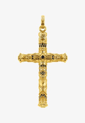 Goldener Kreuzanhänger mit filigranen Gravuren und kleinen schwarzen Edelsteinen, die entlang der vertikalen und horizontalen Balken eingearbeitet sind.