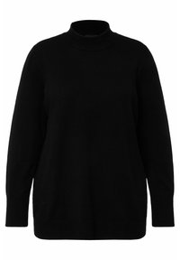 Schwarzer, gestrickter Rollkragenpullover mit langen Ärmeln, der eine lockere Passform bietet und strukturierte Akzente am Saum und an den Bündchen hat.