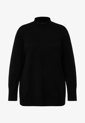 Czarny dziany sweter z wysokim kołnierzem i długimi rękawami, charakteryzujący się luźnym krojem oraz teksturowanymi detalami na końcach rękawów i u dołu.