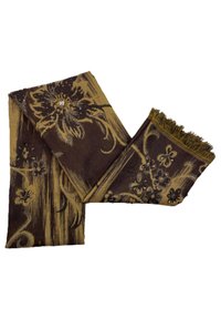 Écharpe tissée marron et or avec des motifs floraux, extrémités frangées et détails élaborés, fabriquée en tissu texturé.