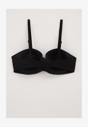 Zwarte beha met beugels, gemaakt van gladde stof, met verstelbare banden en een strikdetail in het midden van de rug. Inclusief een haak-en-oogsluiting.