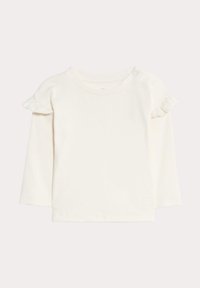 Weißes Langarmshirt aus geripptem Stoff mit Rüschendetails an den Schultern und einem runden Ausschnitt mit Druckknöpfen.