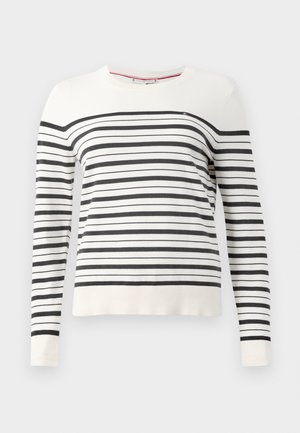 Gestreepte trui met een witte basis en zwarte horizontale strepen, lange mouwen, ronde hals en een klein logo detail op de borst.
