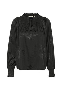 Blusa nera a maniche lunghe con rilievi floreali, scollatura arricciata e polsini elasticizzati. Tessuto leggero con finitura strutturata.