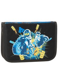 Czarny portfel z materiału z kolorową grafiką przedstawiającą motocykl i postać astronauty z płomieniami i liniami ruchu. Zamek błyskawiczny.
