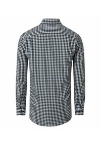 Long-sleeve, button-up shirt with a blue and white gingham pattern. Features a classic collar and cuff buttons, made from a lightweight fabric.