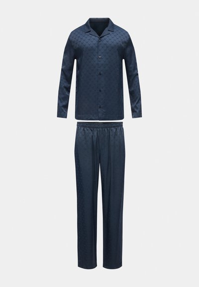 Tengerészkék, hosszú ujjú, gombos pizsamafelső, hozzáillő, rugalmas derékpántos nadrággal, finom, egész felületre kiterjedő texturált mintázattal.