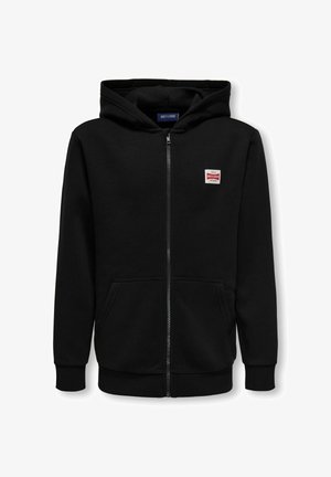 Black zip-up hoodie with front pockets, ribbed cuffs, and a small red and white "Only & Sons" logo on the left chest.
