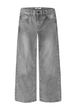 Jean en denim gris à jambes larges avec taille haute, bouton devant, fermeture éclair et cinq poches, présenté à plat sur fond blanc.