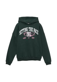 Felpa verde con cappuccio, dotata di tasca frontale, con testo bianco e rosa "SETTING THE PACE 91" e una vestibilità ampia e rilassata.