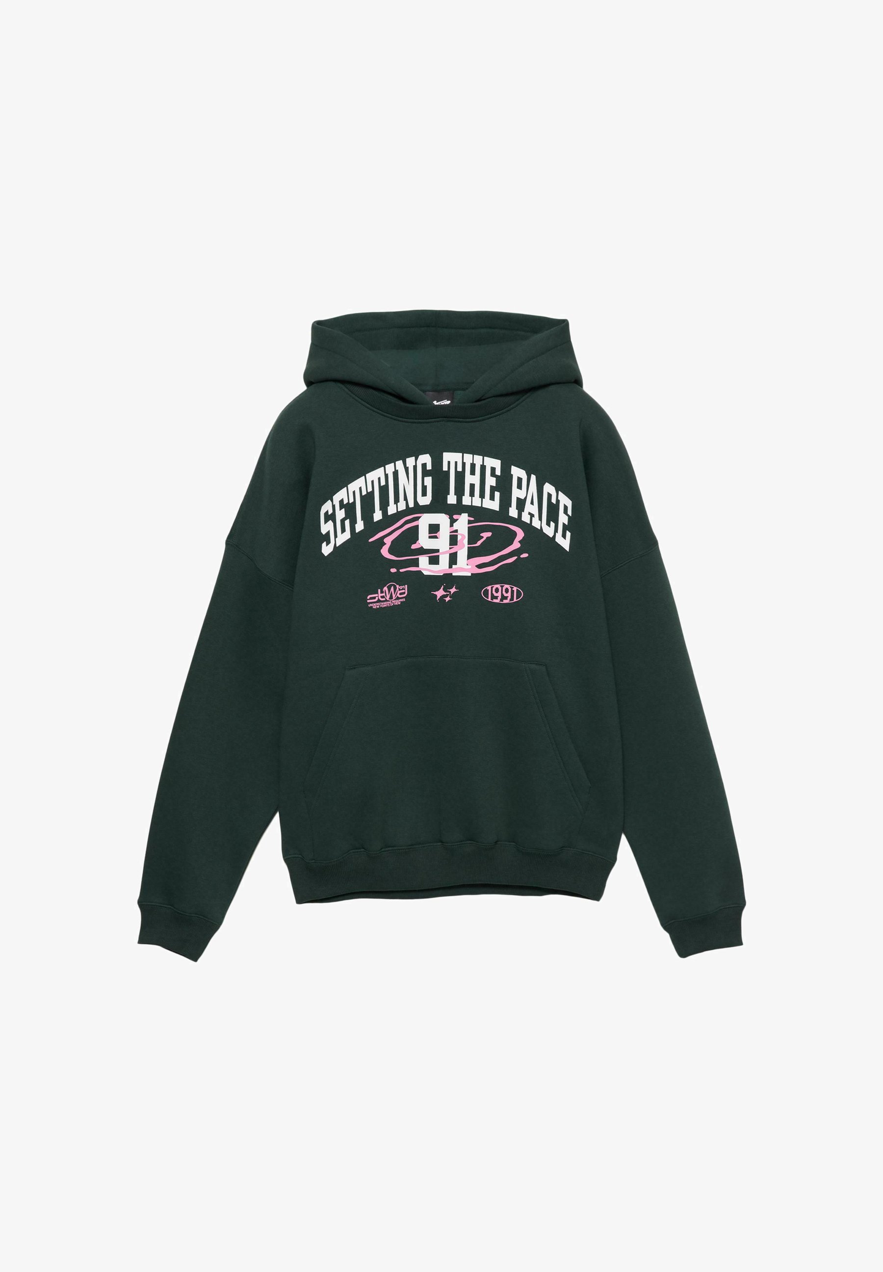 PULL&BEAR GRAPHIC Felpa con cappuccio dark green/verde scuro