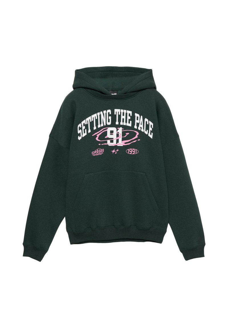 Felpa verde con cappuccio, dotata di tasca frontale, con testo bianco e rosa "SETTING THE PACE 91" e una vestibilità ampia e rilassata.